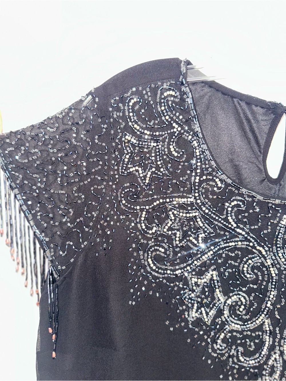 Joanna Hope Beaded Fringe Evening Top Sheer Black Sheer Overlay